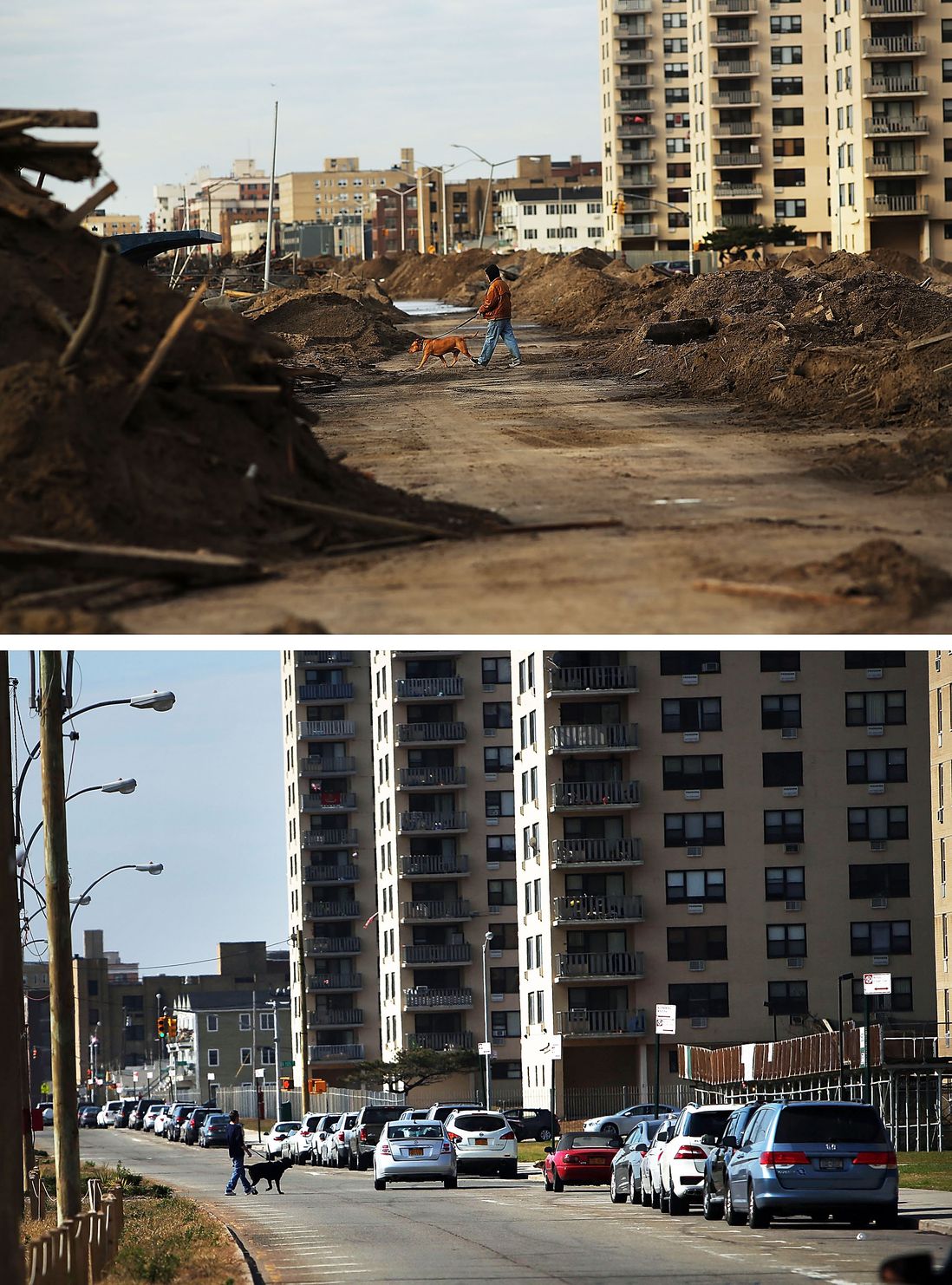 [Top] A man walks a dog through a heavily damaged section on November 2, 2012 in the Rockaway neighborhood of the Queens borough of New York City. [Bottom] A person walks a dog on October 23, 2013.